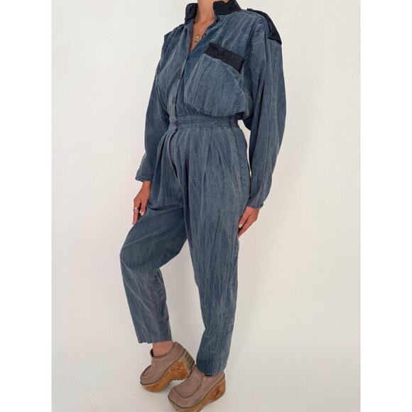 80s vintage blue chambray denim casual collared button up jumpsuit pantsuit - Picture 3 of 10